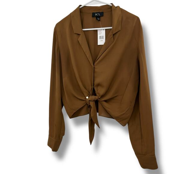 NEW BCX Retro Brown Tie Front Blouse SZ Large 70's Chiffon Boho Neutral Top NWT - Picture 5 of 11